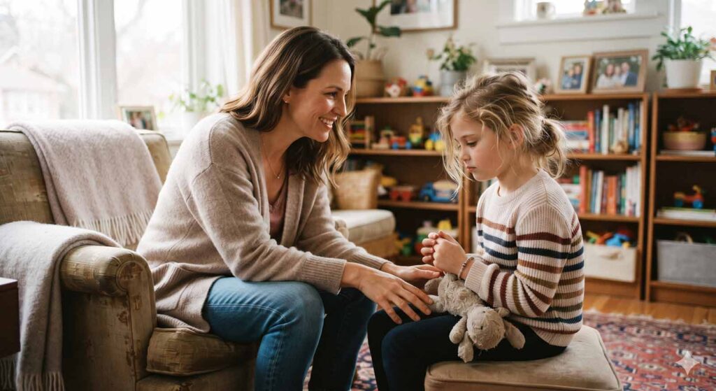A mother kneeling and speaking calmly to her young daughter who is holding a stuffed animal in a cozy living room.