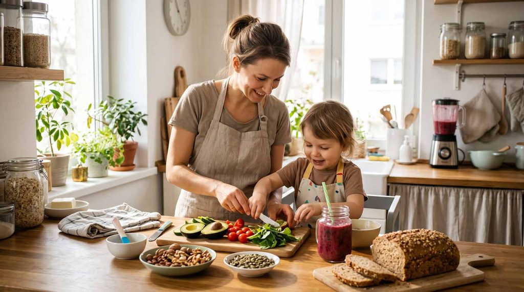 A mother and her young child happily preparing a nutrient-dense meal together in a sunlit kitchen with avocado, whole grain bread, seeds, and a smoothie, illustrating natural and effective ways to help an underweight child gain weight.