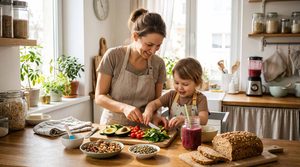A mother and her young child happily preparing a nutrient-dense meal together in a sunlit kitchen with avocado, whole grain bread, seeds, and a smoothie, illustrating natural and effective ways to help an underweight child gain weight.