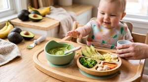 A baby in a high chair reaching for soft baby finger foods like avocado slices, broccoli, eggs, and bananas next to a bowl of creamy green avocado puree, showing natural baby-led weaning and self-feeding.